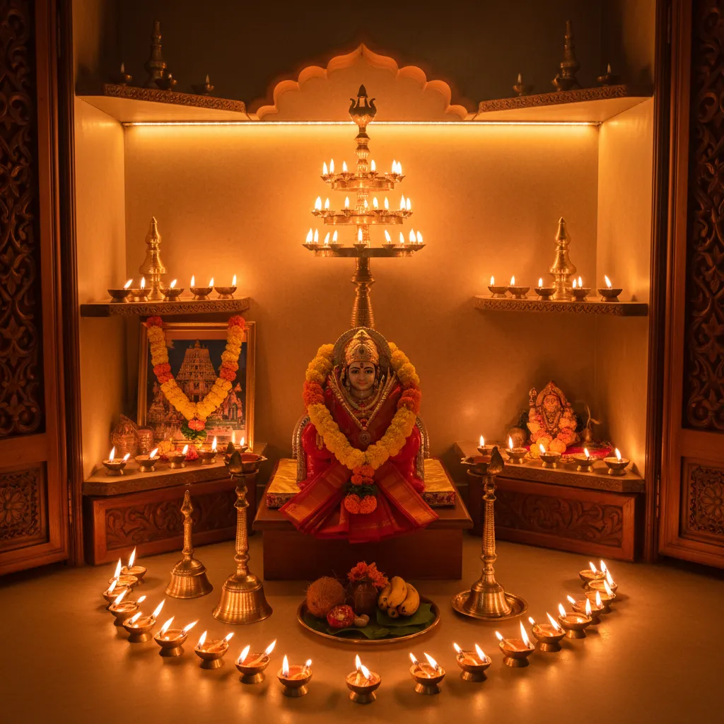 Warm lamp lighting around Ayyappa pooja altar