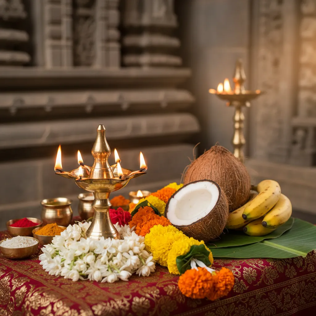 Traditional pooja items including brass lamps flowers and coconut