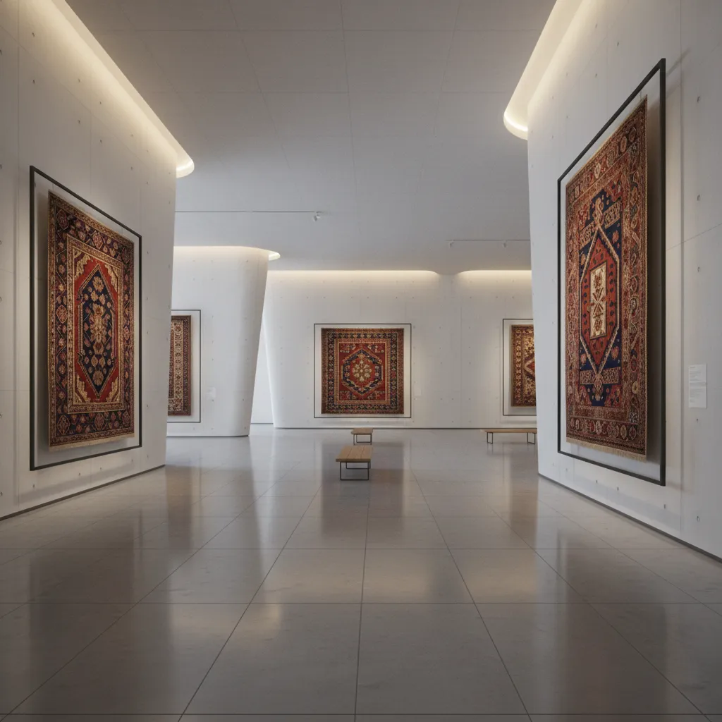 Museum gallery displaying Azerbaijani carpets and traditional decorative elements
