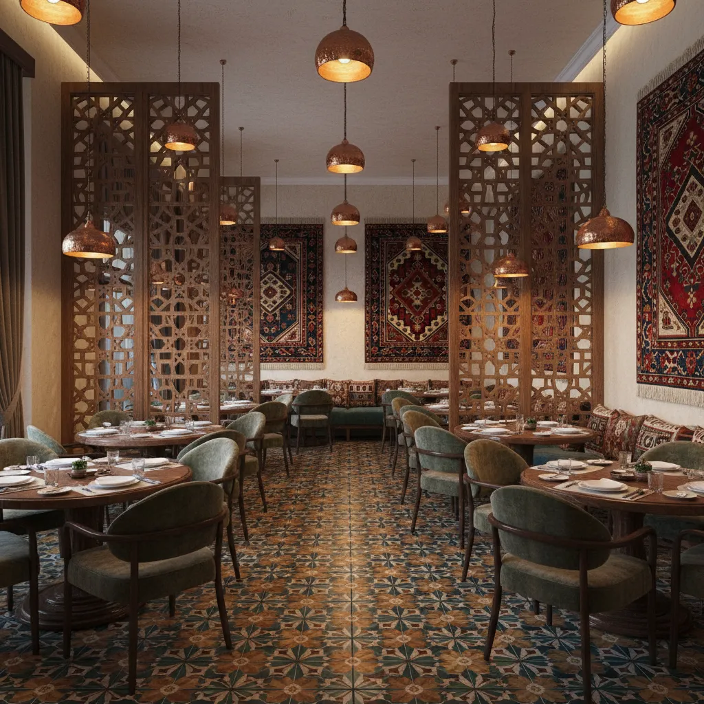 Restaurant interior inspired by Azerbaijani culture with patterned tiles and copper lighting