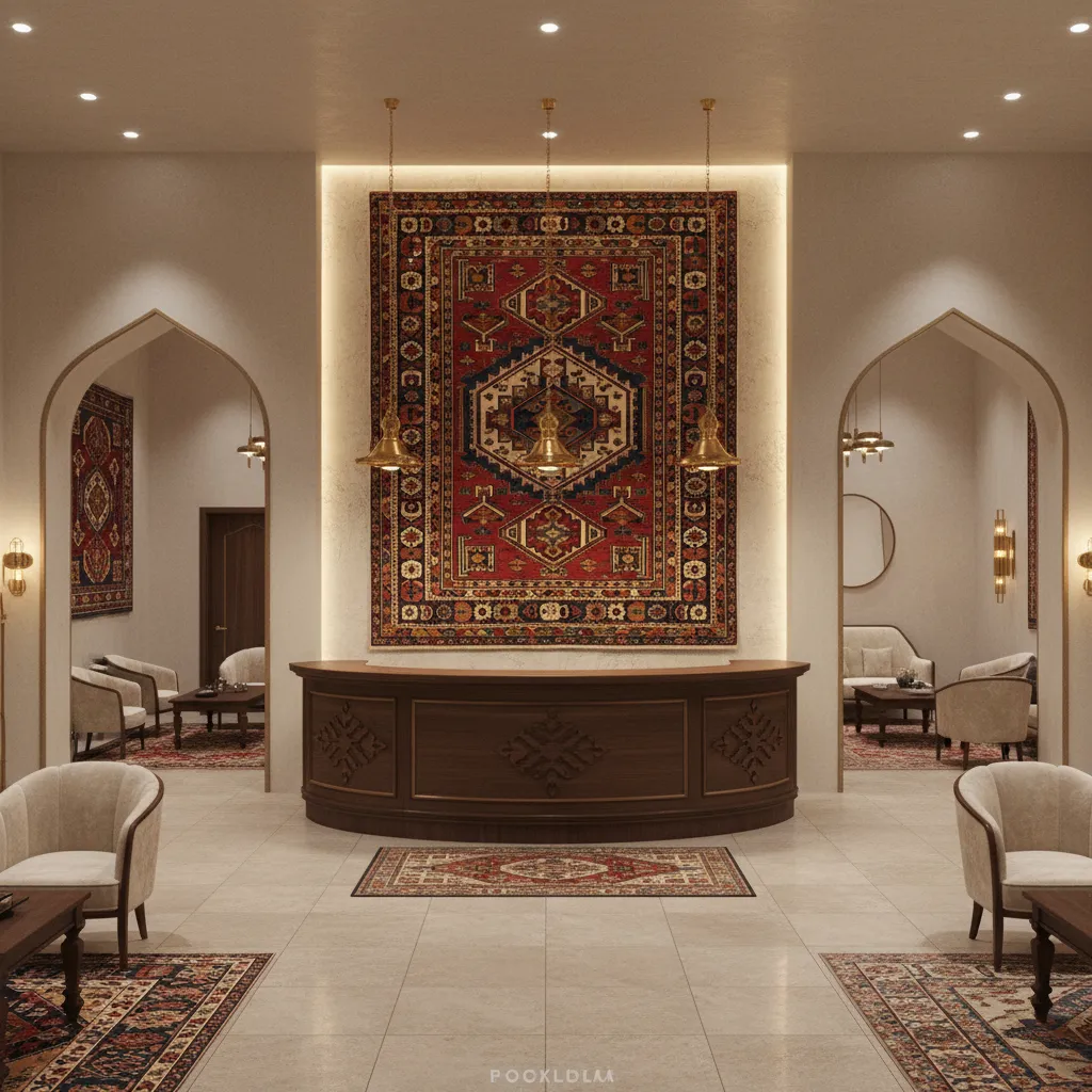 Boutique hotel lobby using Azerbaijani carpet wall and carved wood elements