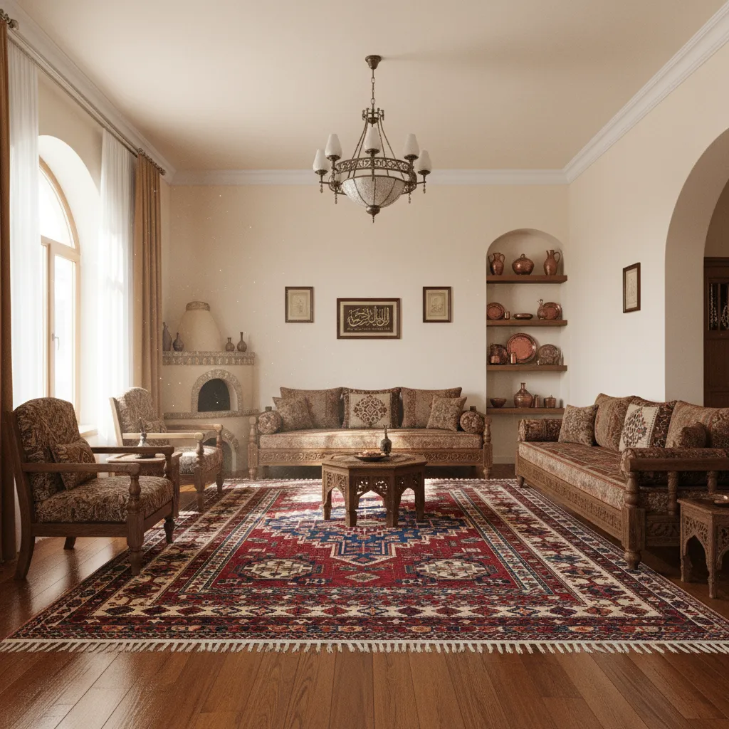 Azerbaijani living room interior with traditional carpet as centerpiece and warm wooden furniture