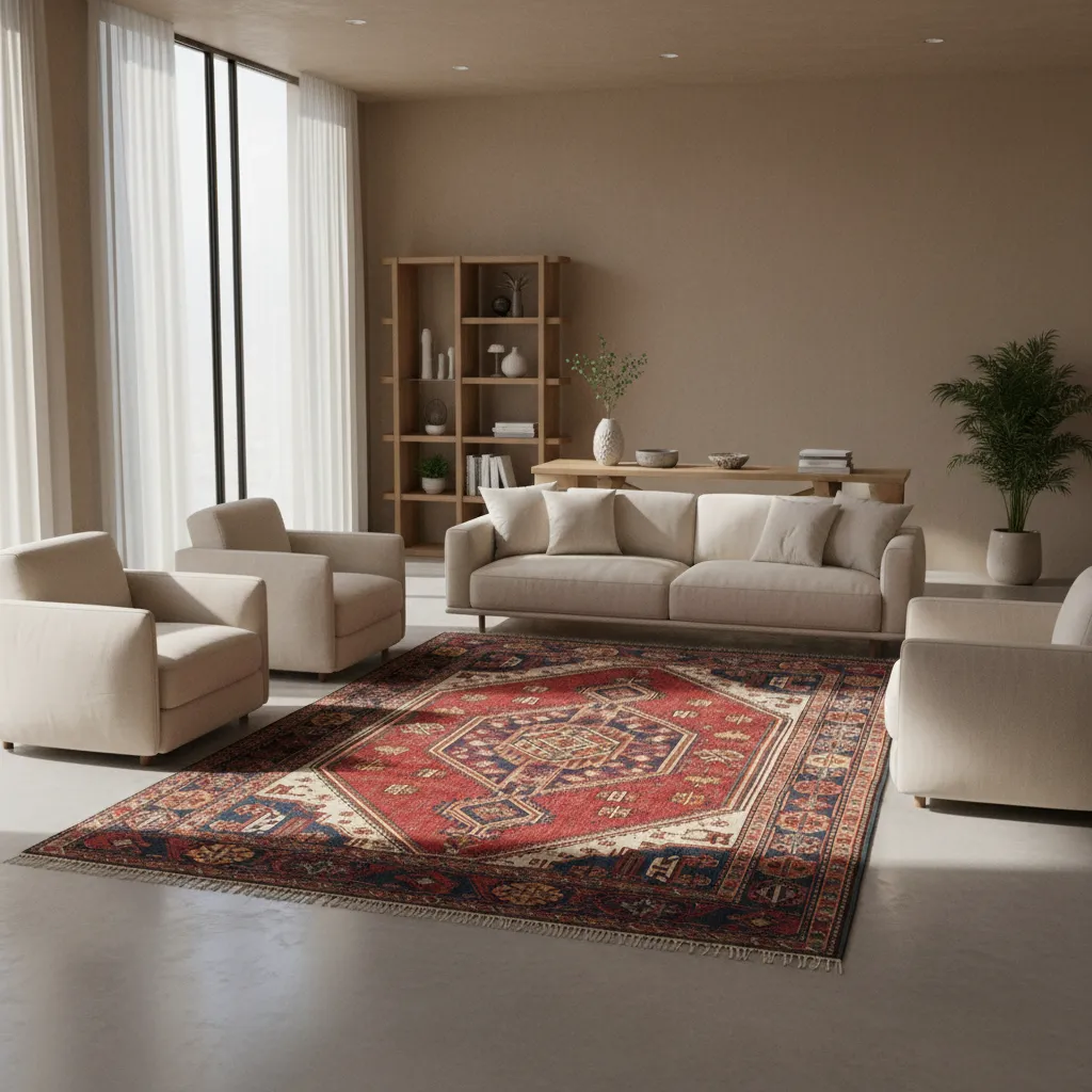 Interior palette showing Azerbaijani rug with neutral wall colors and furniture