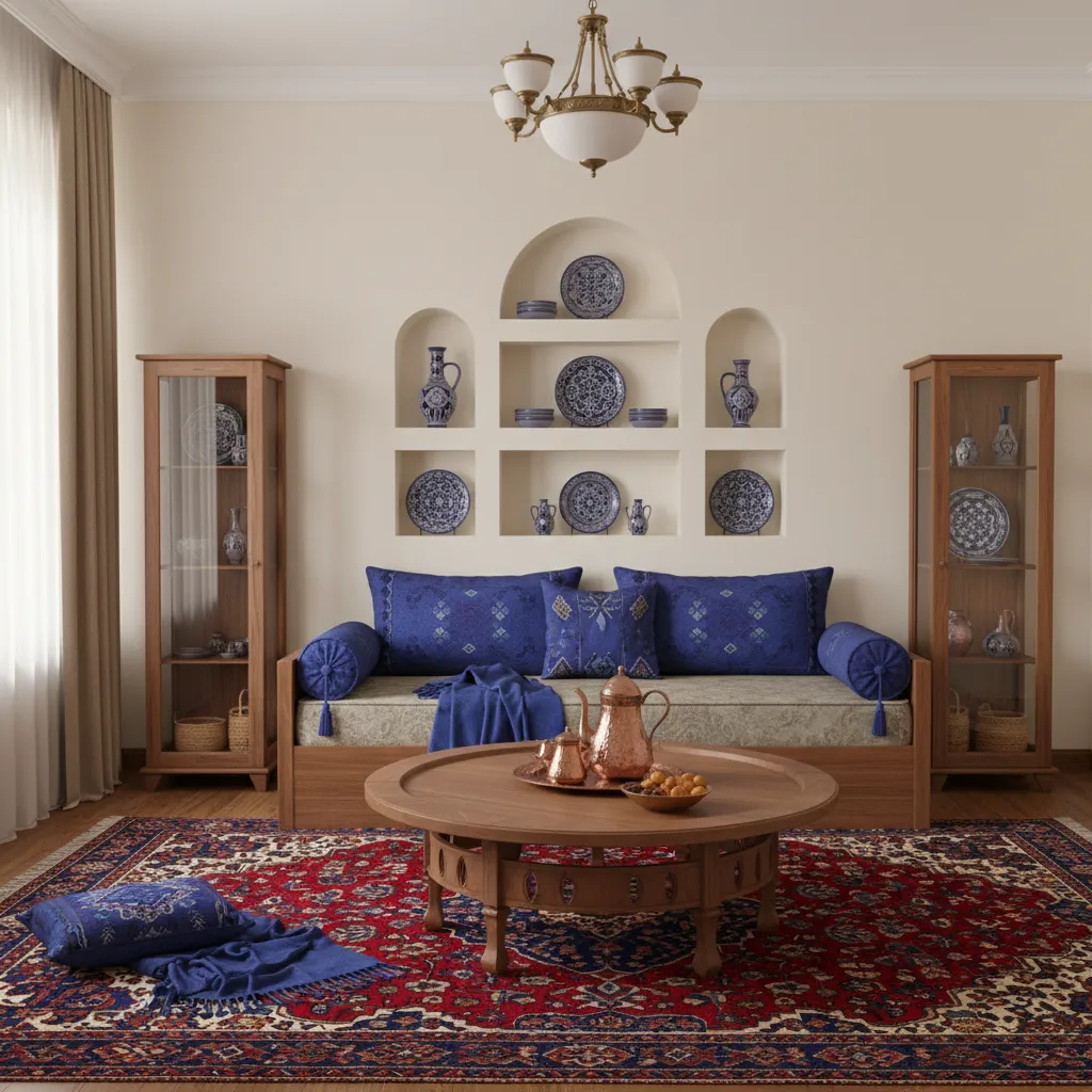 Interior design palette showing red carpet, blue textiles, and warm wood furniture