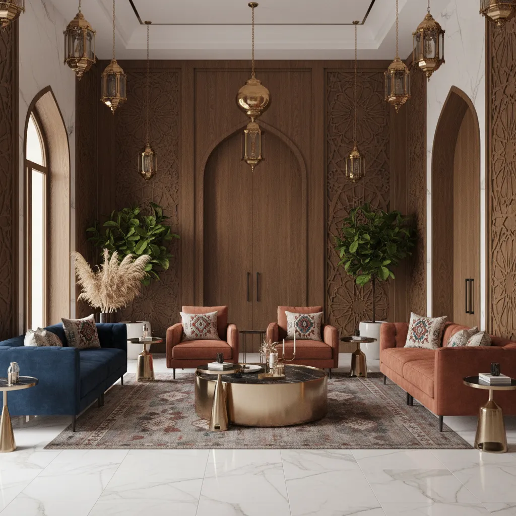 Hospitality interior with Azerbaijani patterns, warm lighting, and carved wood accents