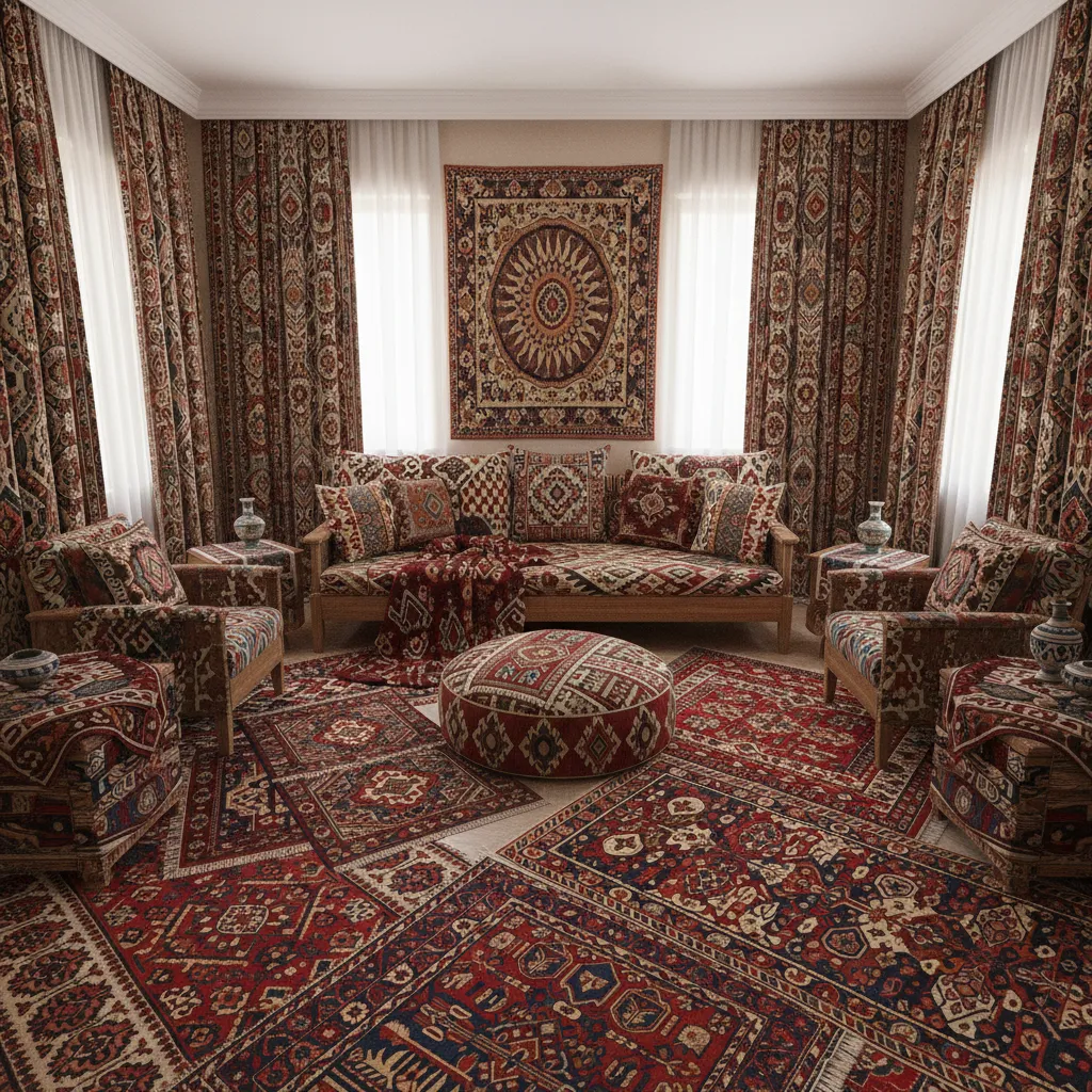 Living room showing multiple traditional Azerbaijani patterns creating visual clutter