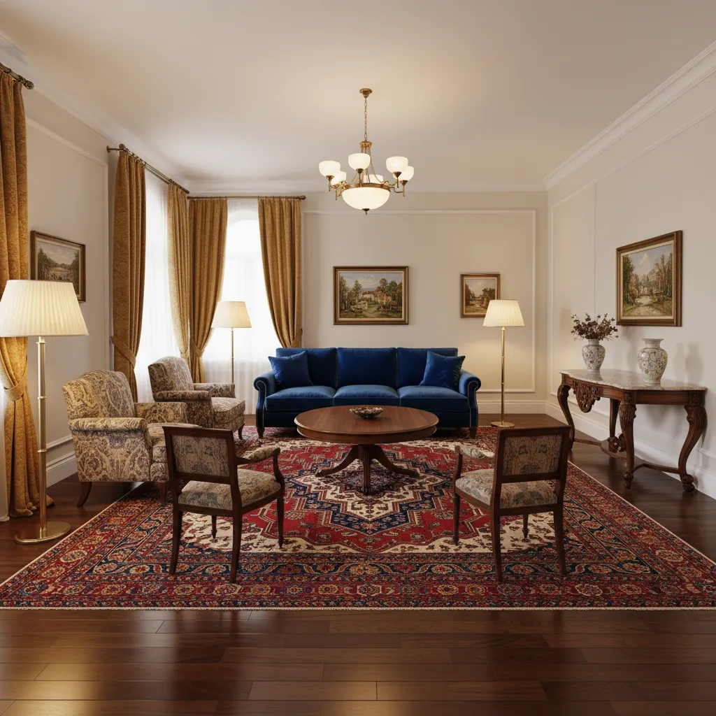 Living room layout centered around a traditional Azerbaijani carpet