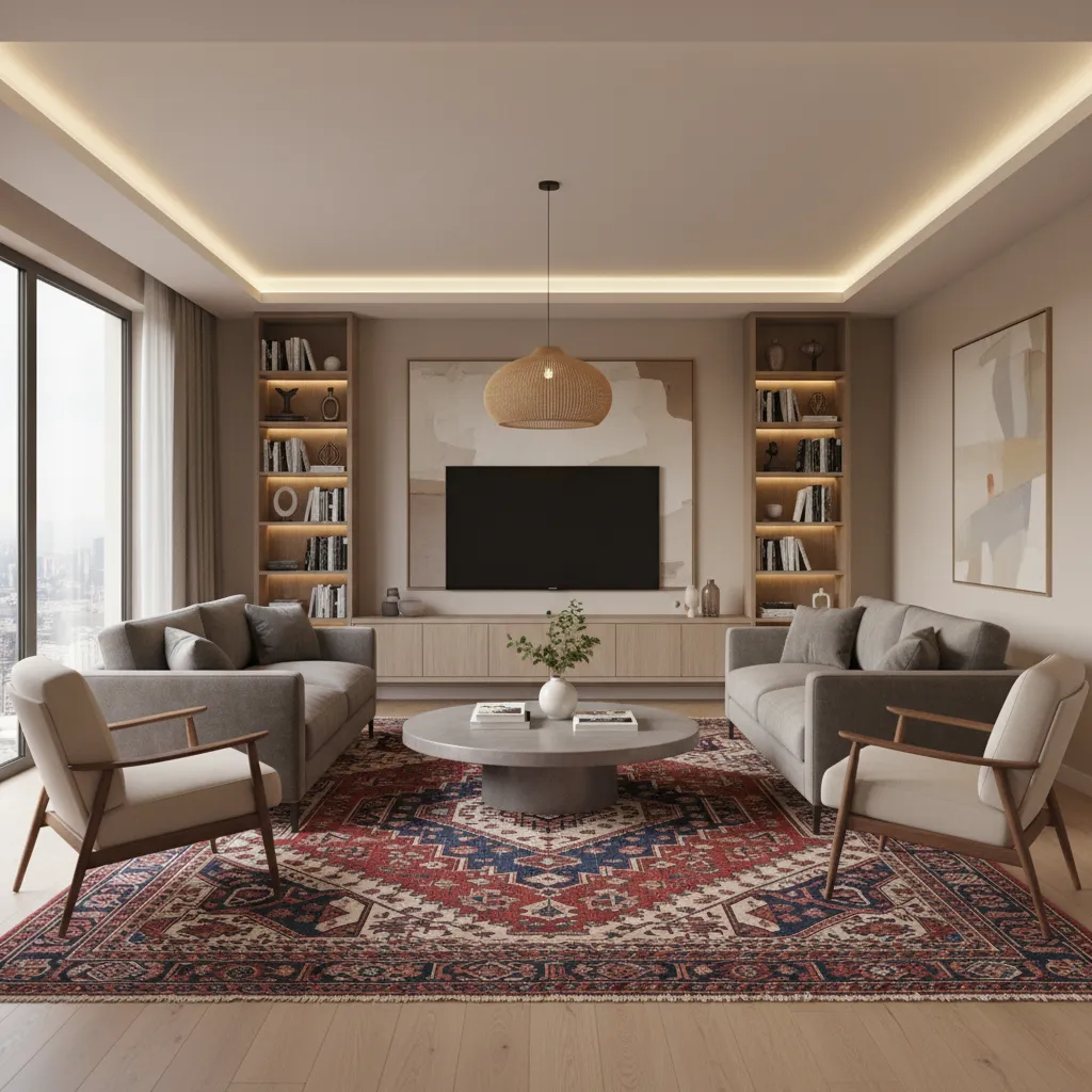 Proper living room layout with Azerbaijani rug anchoring sofa and chairs