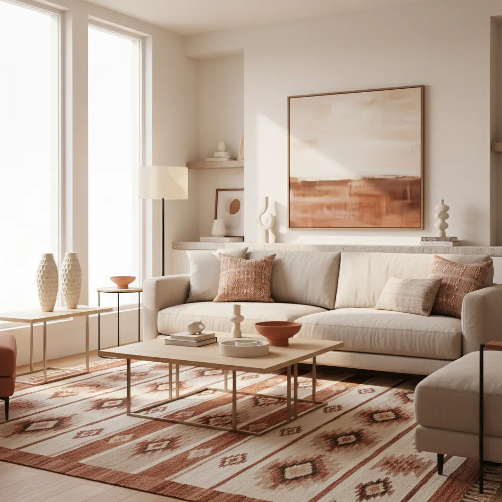 Living room repeating colors from Aztec rug through decor accents