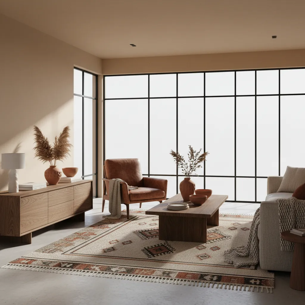 Modern living room with leather chair, wood furniture and Aztec textile decor