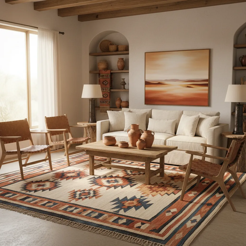 Neutral living room with Aztec rug as focal decor element