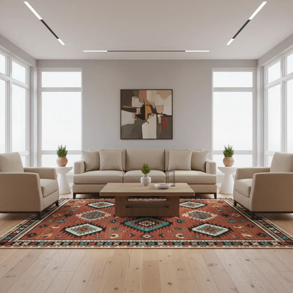 Living room with Aztec rug as focal point and neutral furniture
