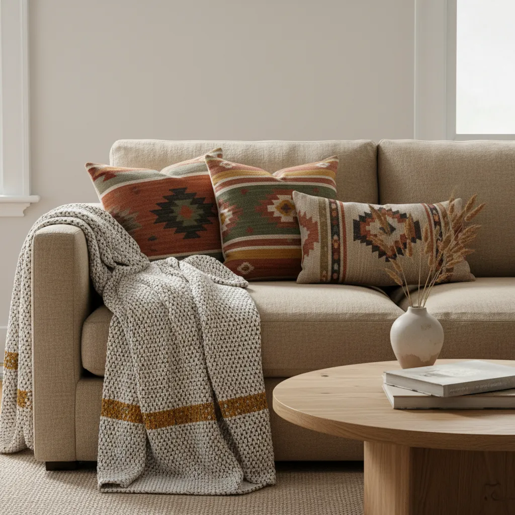 Layered Aztec pillows and textiles on neutral sofa