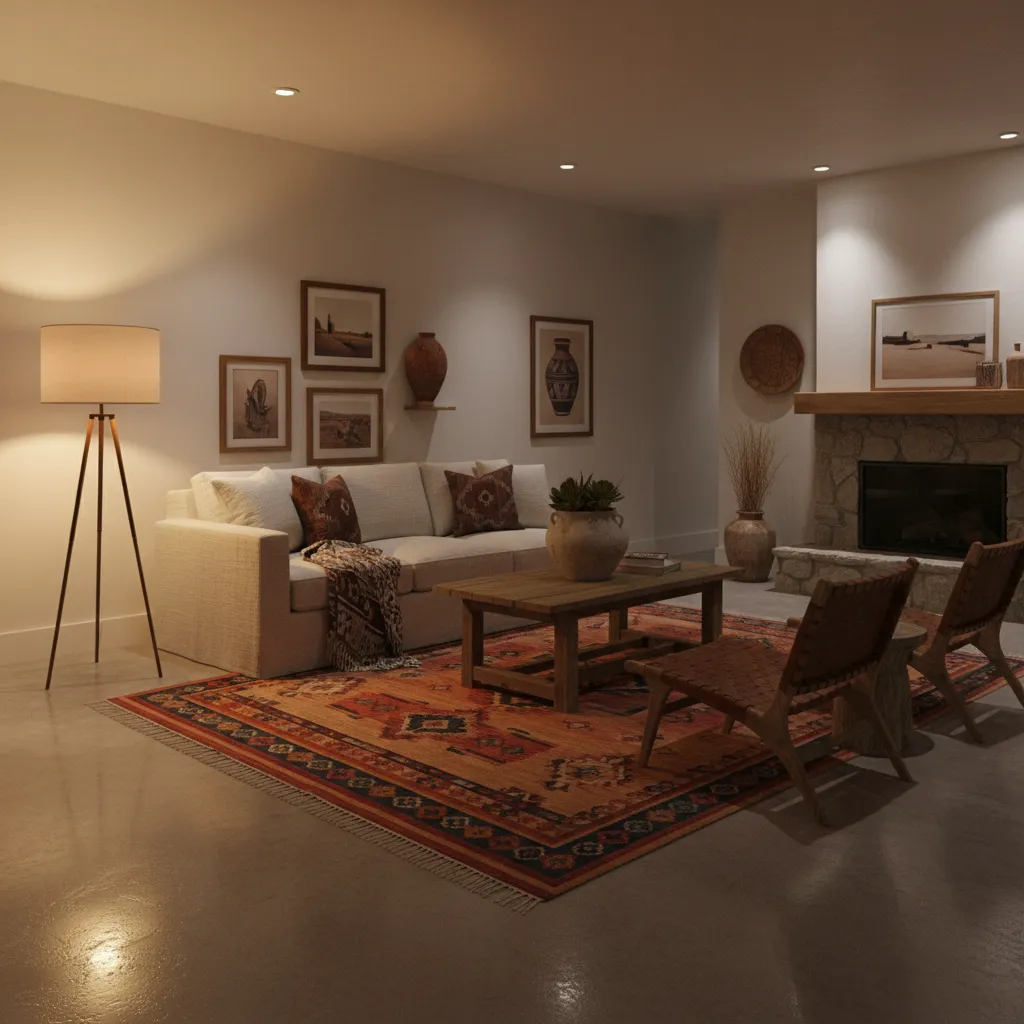 Aztec patterned living room under warm layered lighting