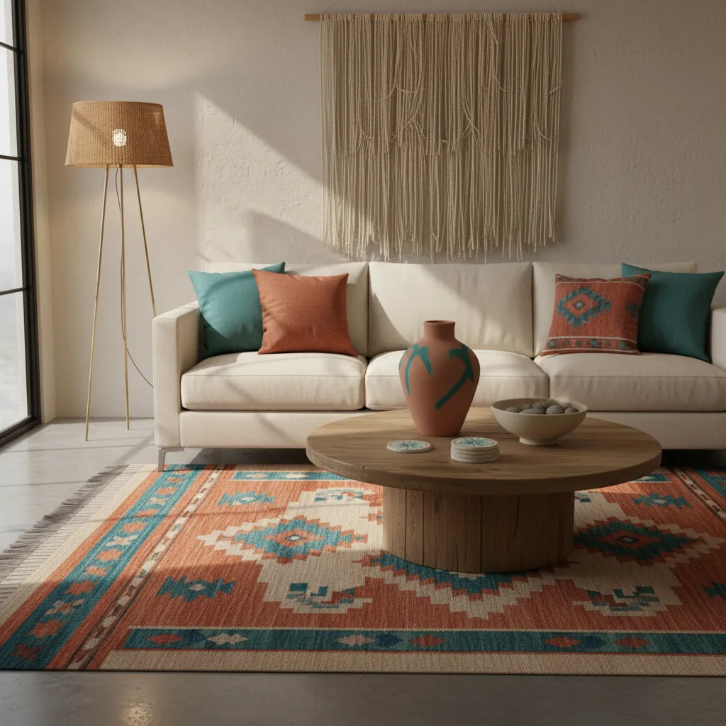 Decor accents matching colors from an Aztec patterned rug