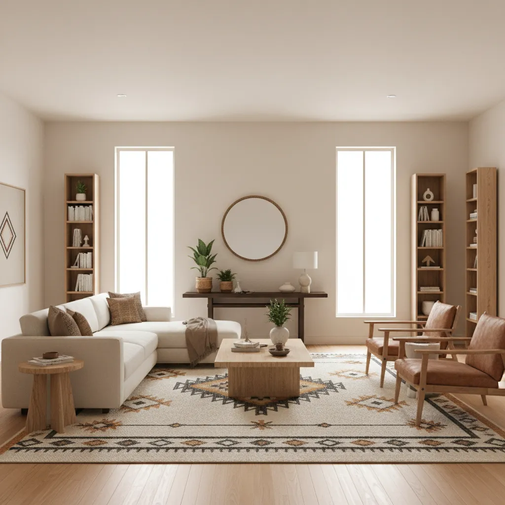 Living room with bold Aztec rug balanced by neutral furniture