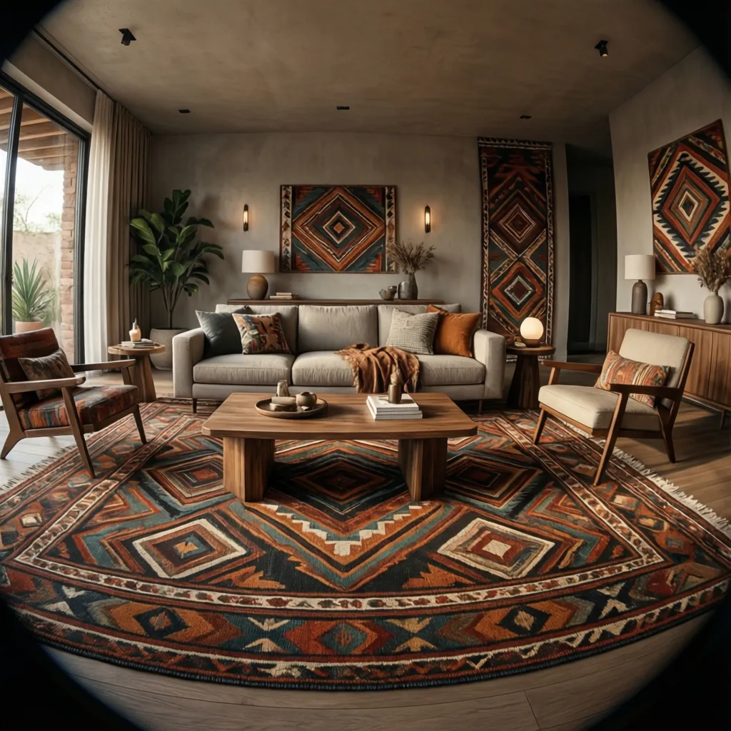 living room featuring bold aztec geometric patterned rug and neutral sofa