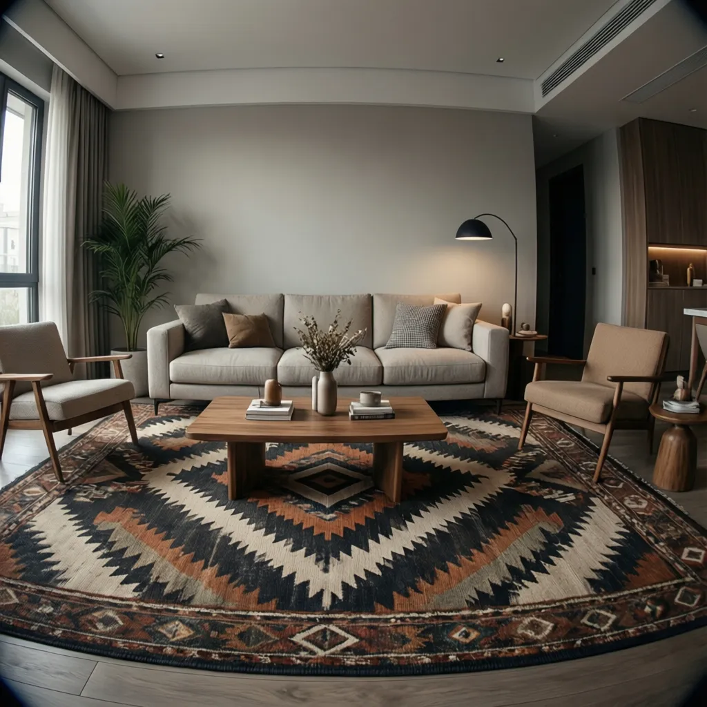Contemporary living room with large Aztec patterned rug and neutral sofa