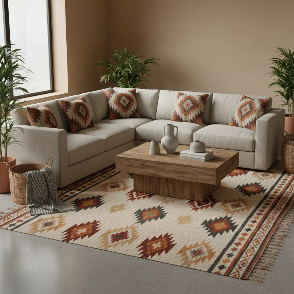 Neutral sofa and furniture balancing geometric Aztec textiles