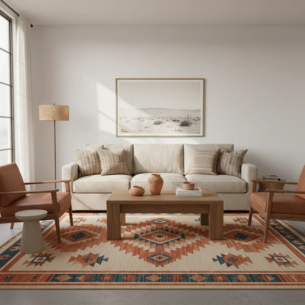 living room with bold aztec patterned rug and neutral furniture