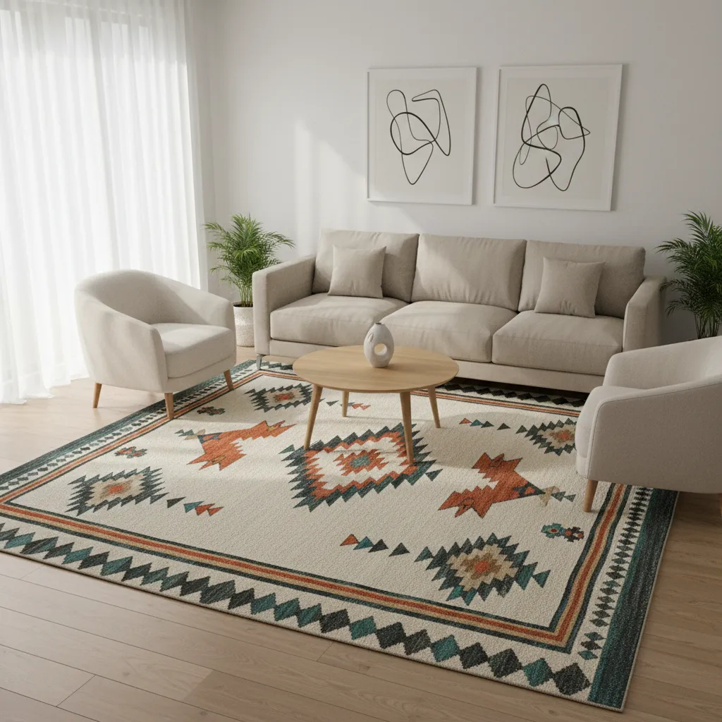 Living room demonstrating floor pattern hierarchy with neutral walls and furniture
