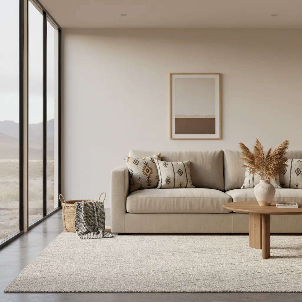 Living room sofa with subtle Aztec pillows and neutral decor