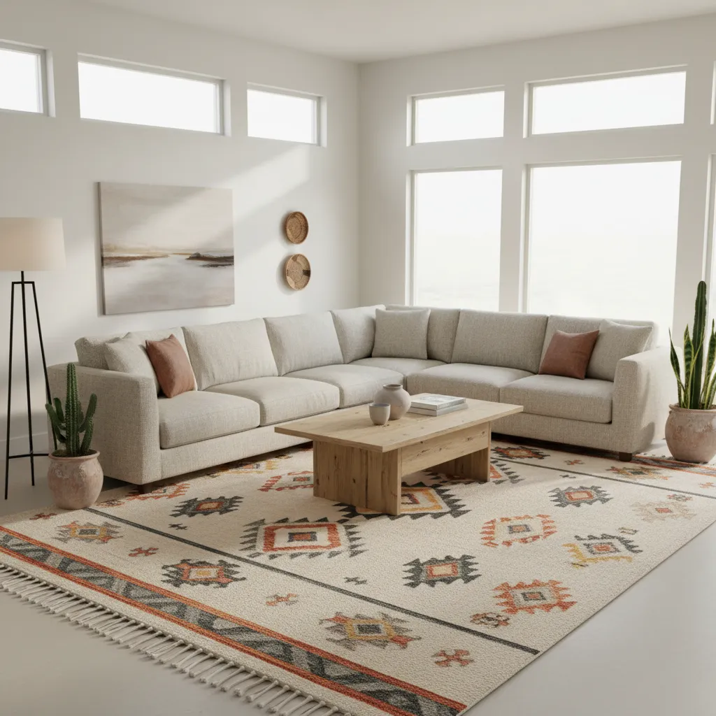 Living room with bold Aztec rug as dominant pattern