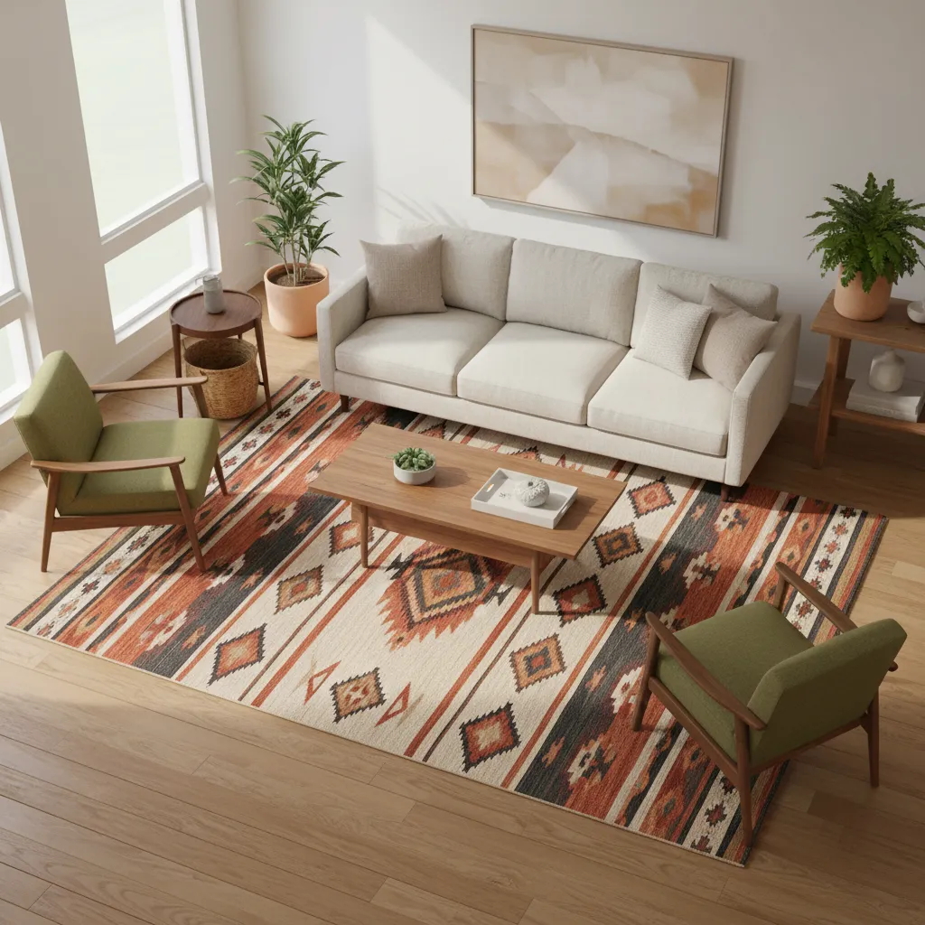 Living room layout highlighting a large Aztec patterned rug