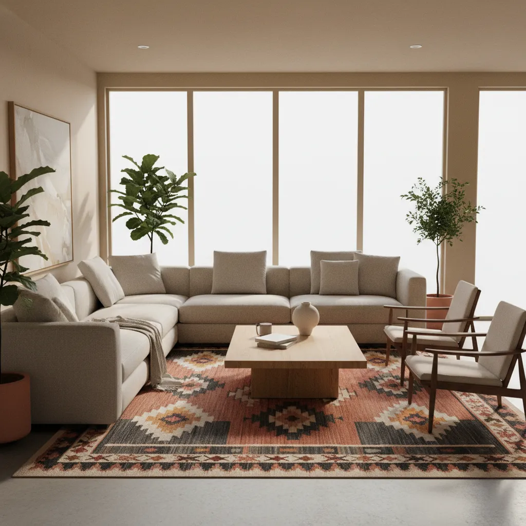 Living room layout centered around a large Aztec patterned area rug
