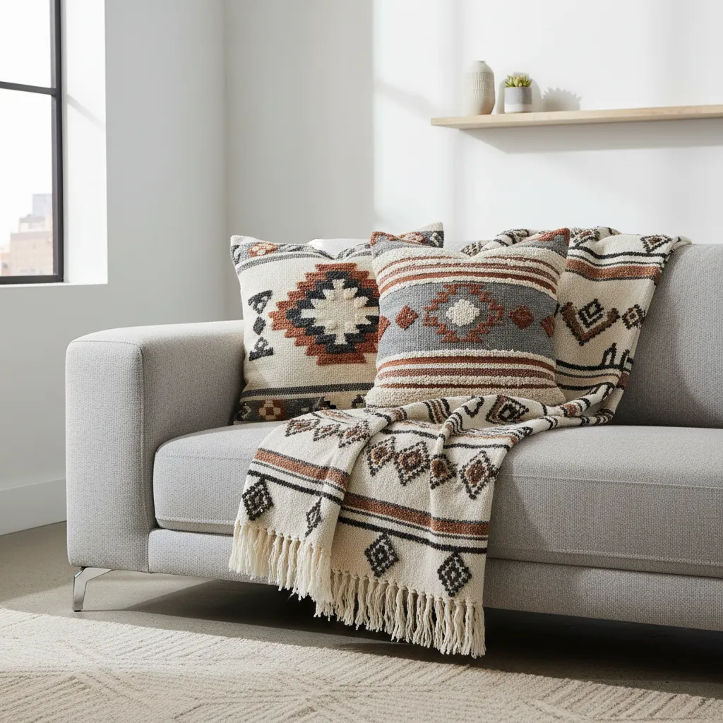 Modern sofa with Aztec patterned pillows and woven blanket