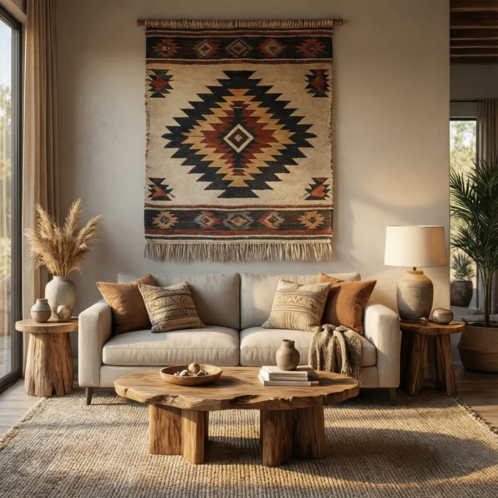 Woven Aztec wall textile above neutral sofa in modern living room