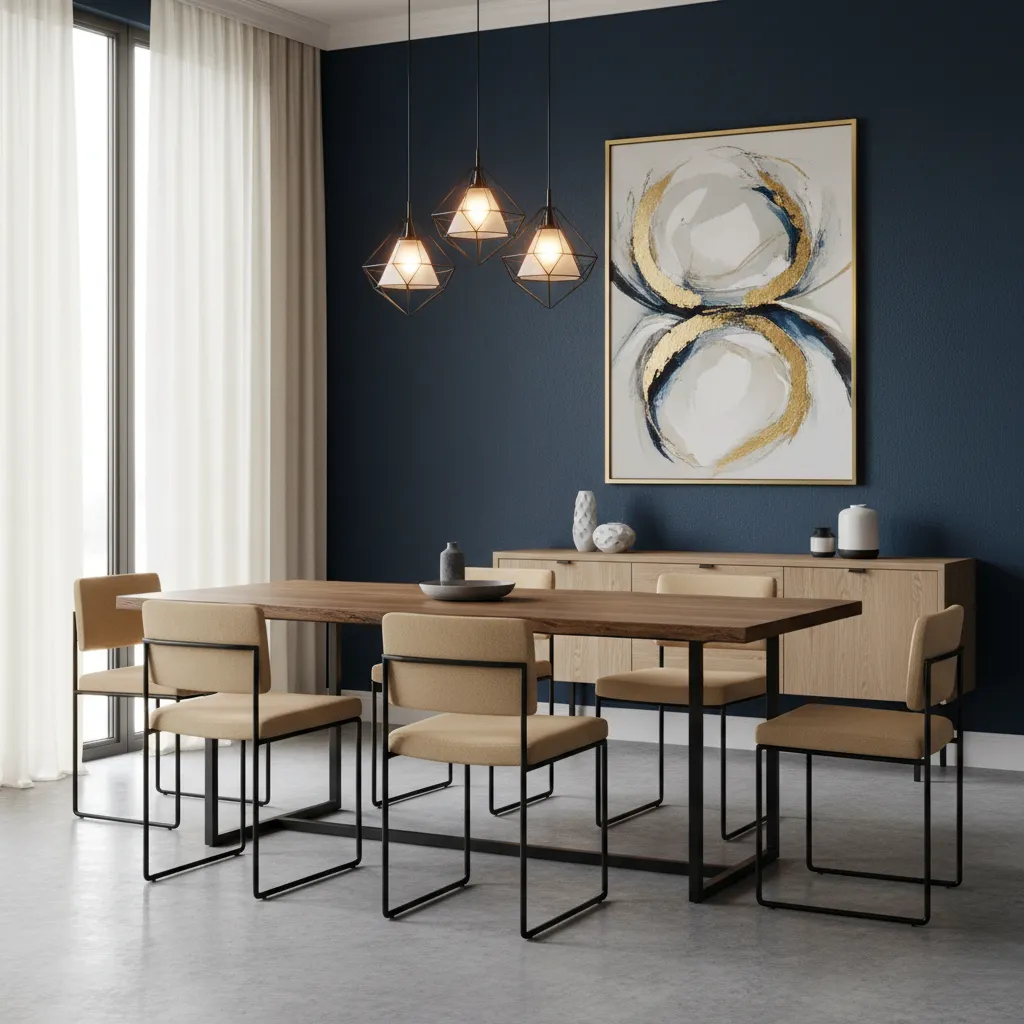 Comedor elegante con pared azul marino profundo y muebles de madera