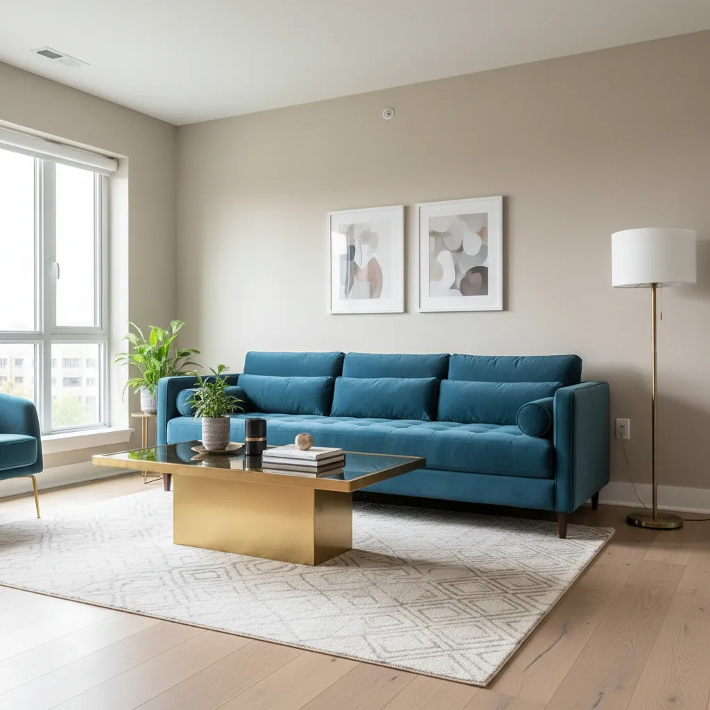 Sala de estar con sofá azul petróleo y decoración neutra