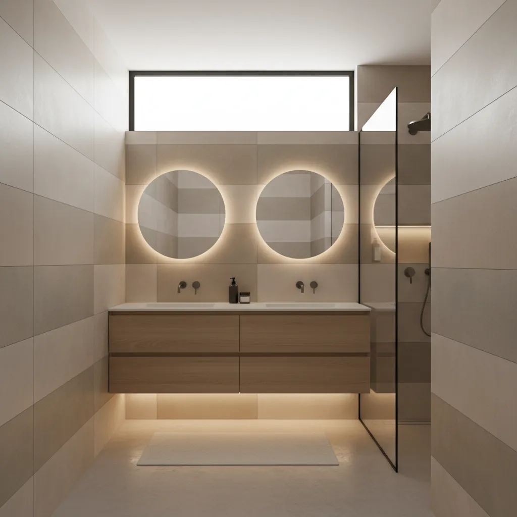 Modern bathroom vanity with wooden cabinet two round lit mirrors double sinks and large tiles