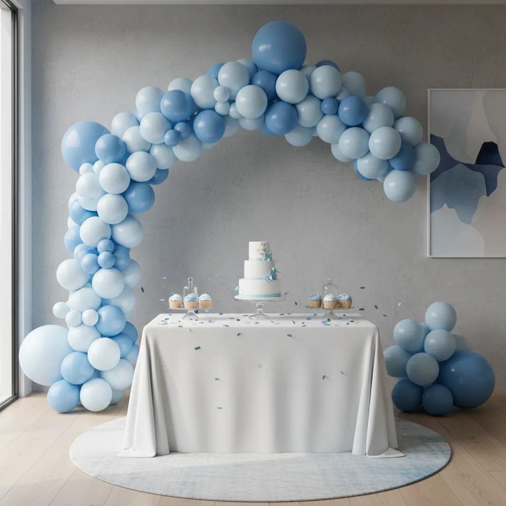 blue balloon arch decoration behind baby birthday cake table