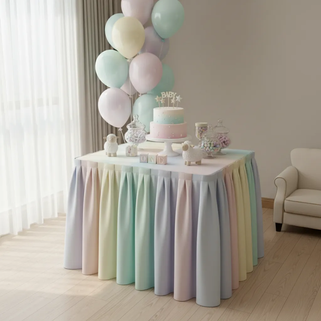 baby birthday cake table decoration with pastel theme and balloons