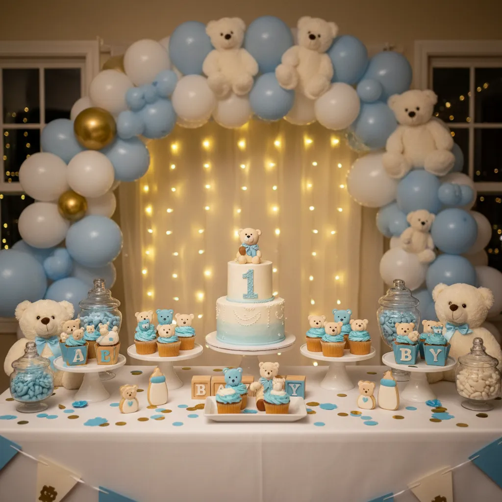 baby boy birthday cake table with balloons teddy bear theme and desserts