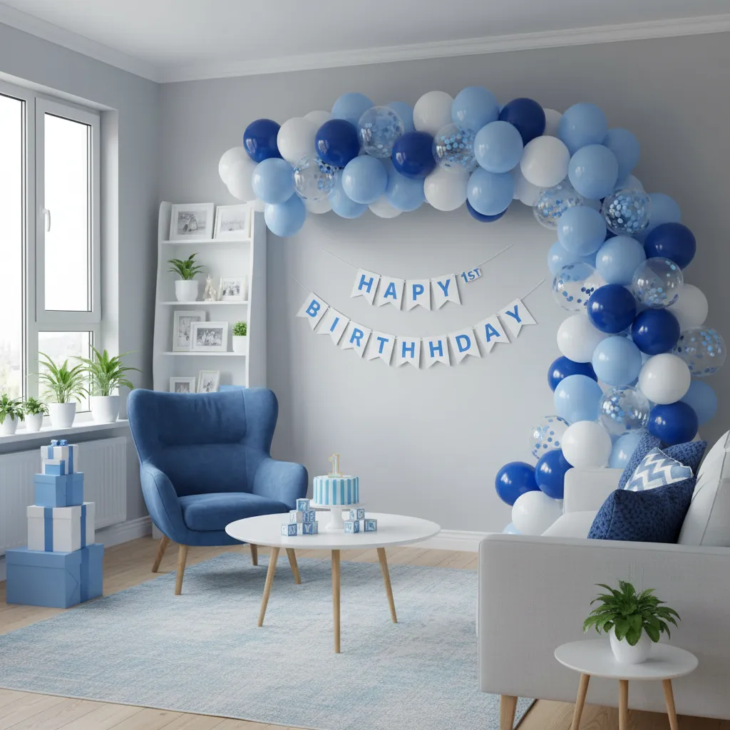 baby boy birthday theme decoration in living room with blue balloons and banner