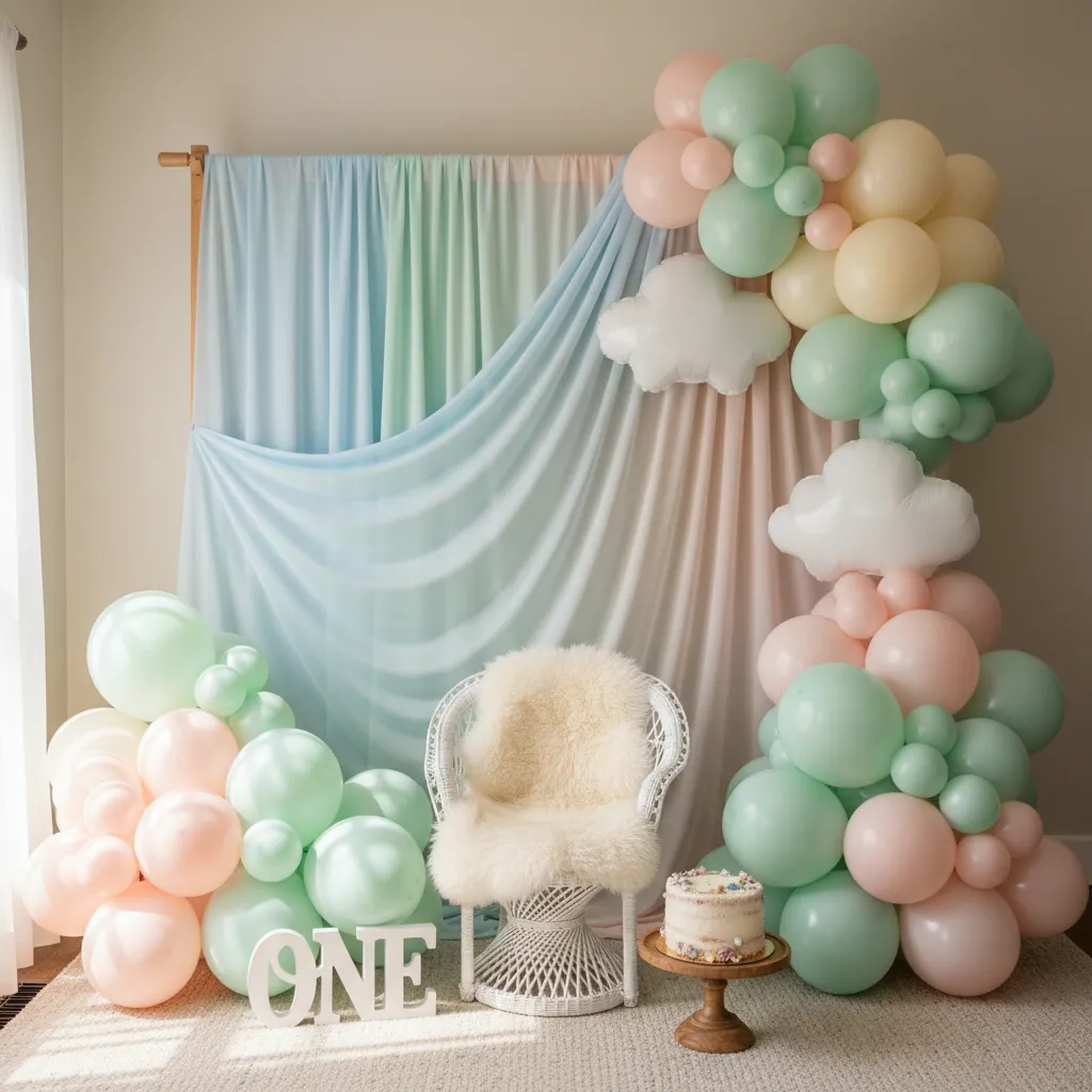 baby birthday photo corner with balloon decor and soft backdrop