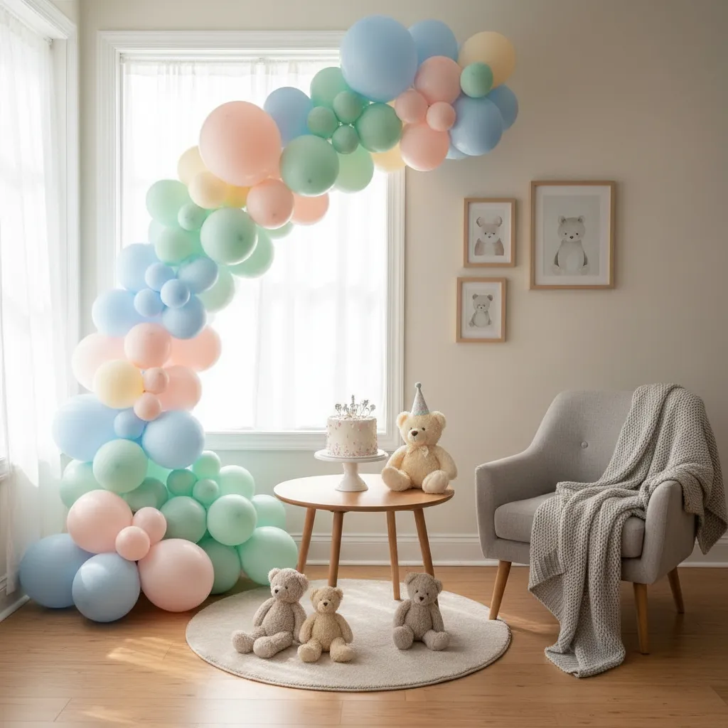 baby birthday photo corner with balloons cake table and natural light