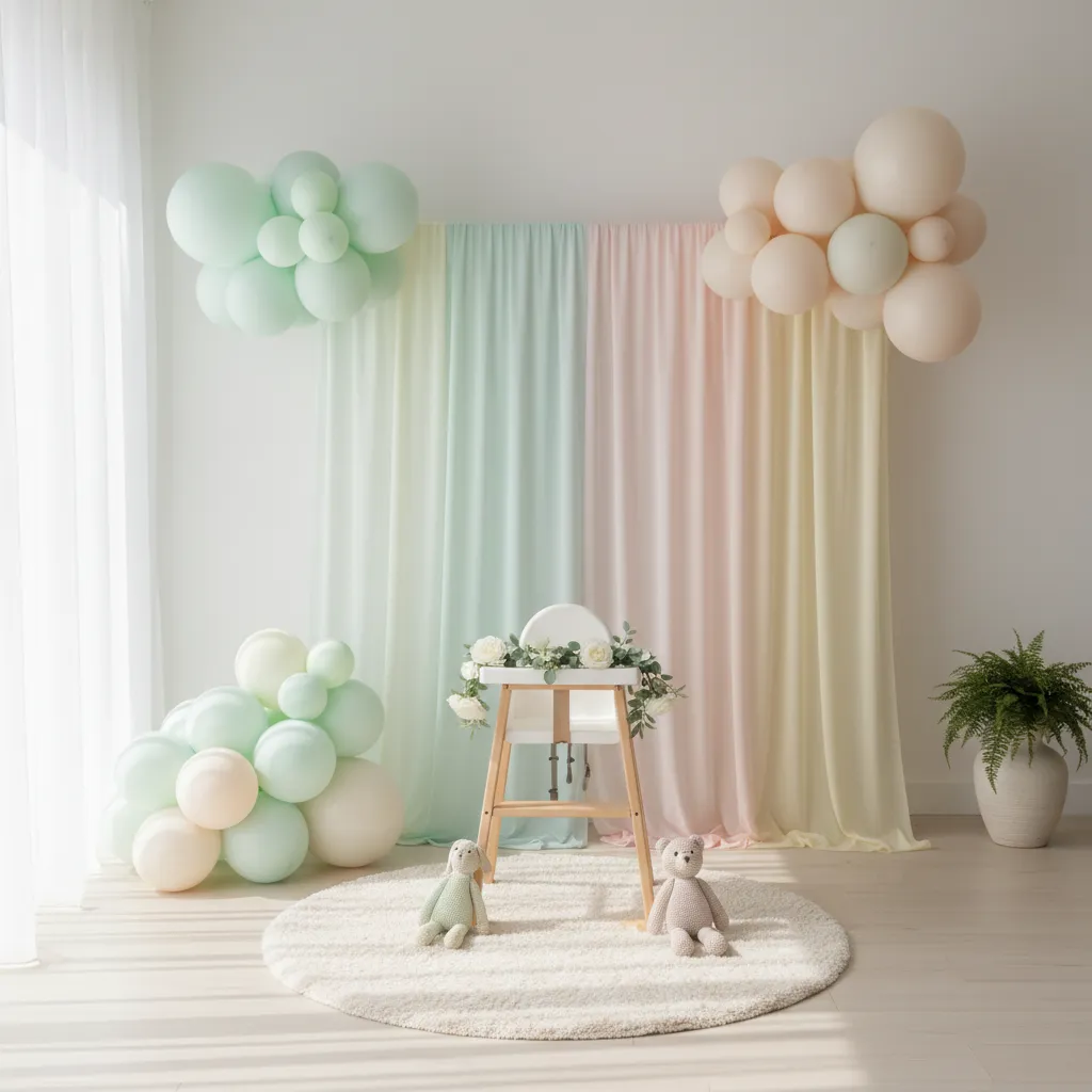 cute baby birthday photo corner with backdrop and balloon decorations