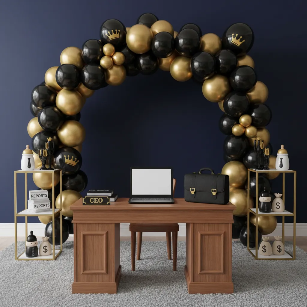 Baby Boss party boss desk backdrop with balloons and office props
