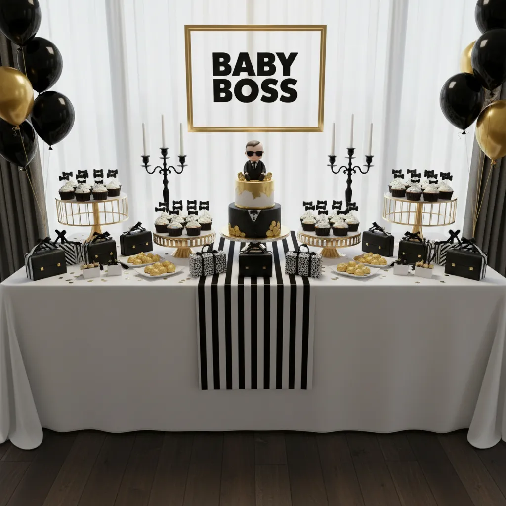 Baby Boss themed dessert table with briefcase favors and gold decorations