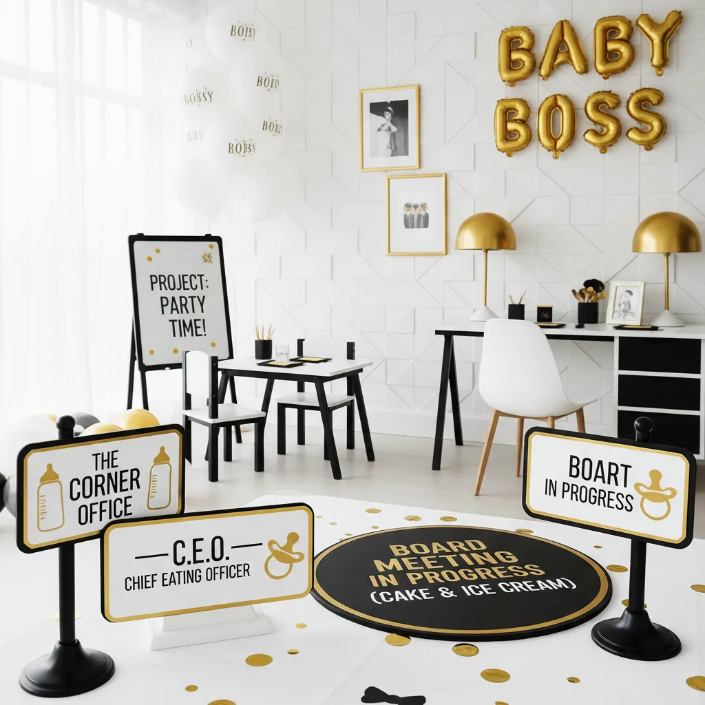 Baby Boss party signage like CEO in training and board meeting snacks