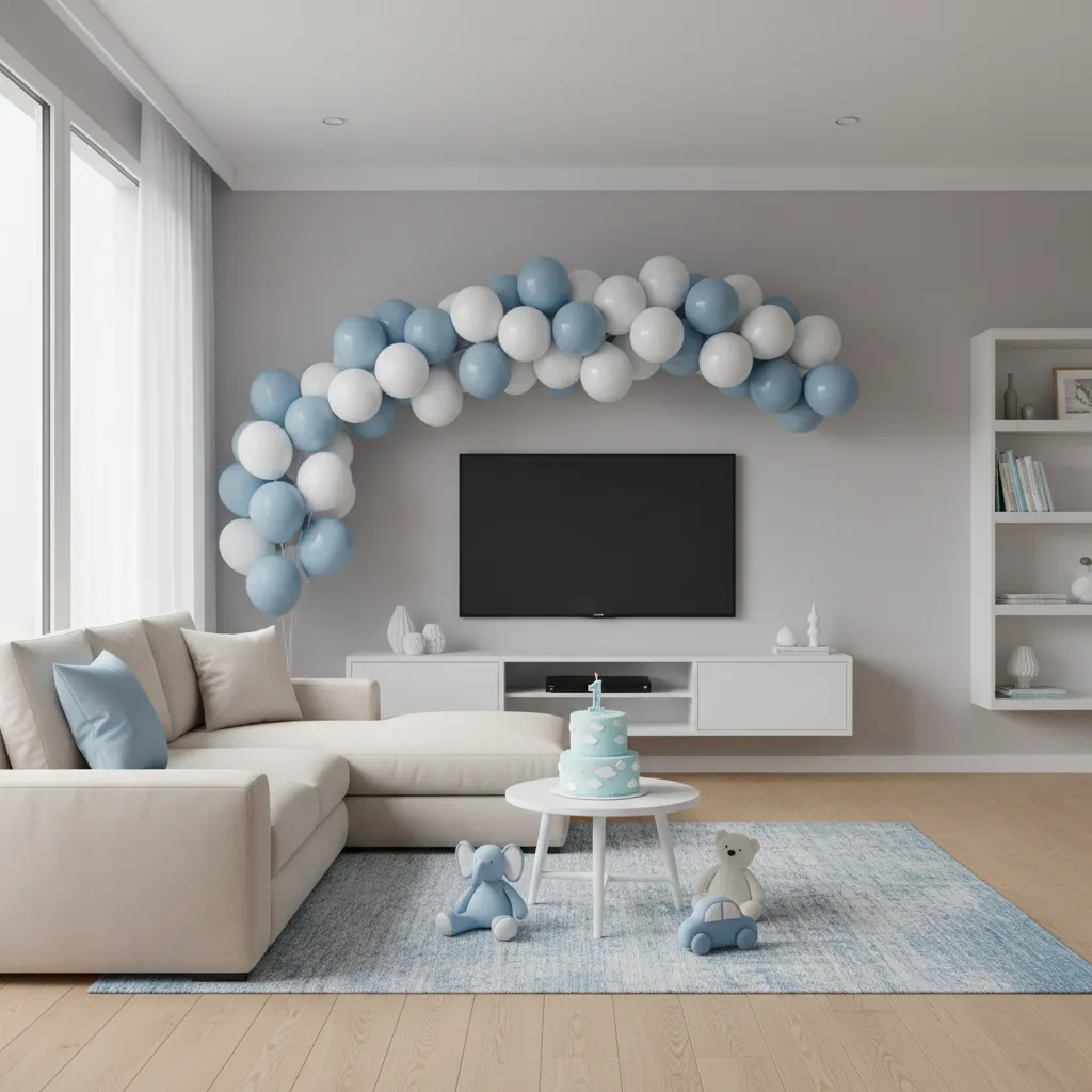 baby boy birthday decoration setup in living room with balloons and cake table