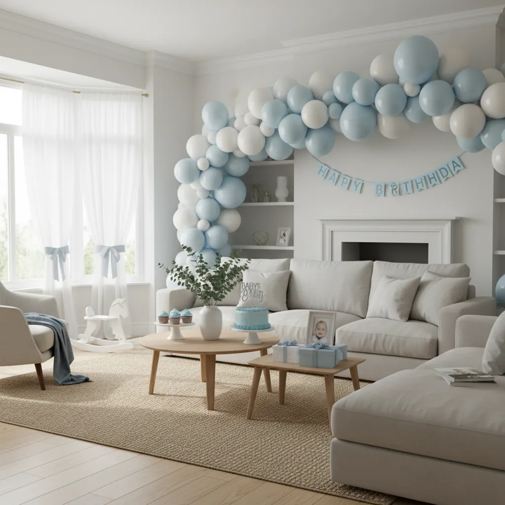living room decorated for baby boy birthday with balloons and soft blue theme