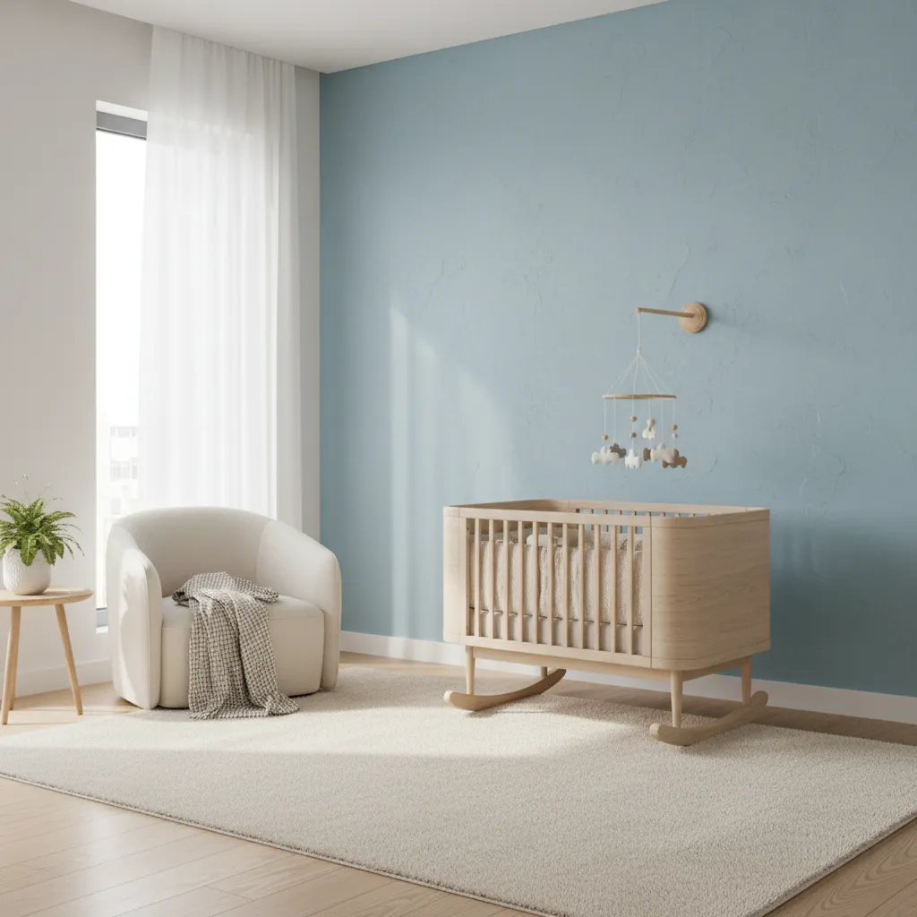 Modern baby boy nursery with wooden cradle and soft blue decor