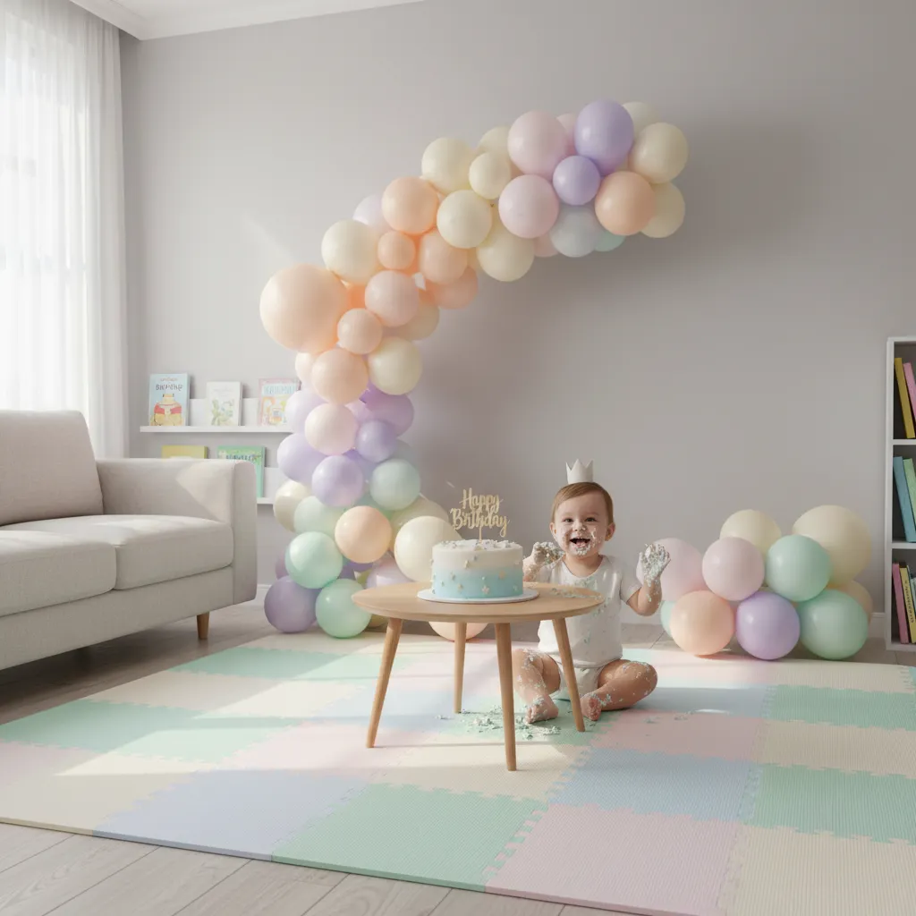 baby cake smash setup with soft mat and simple decorations