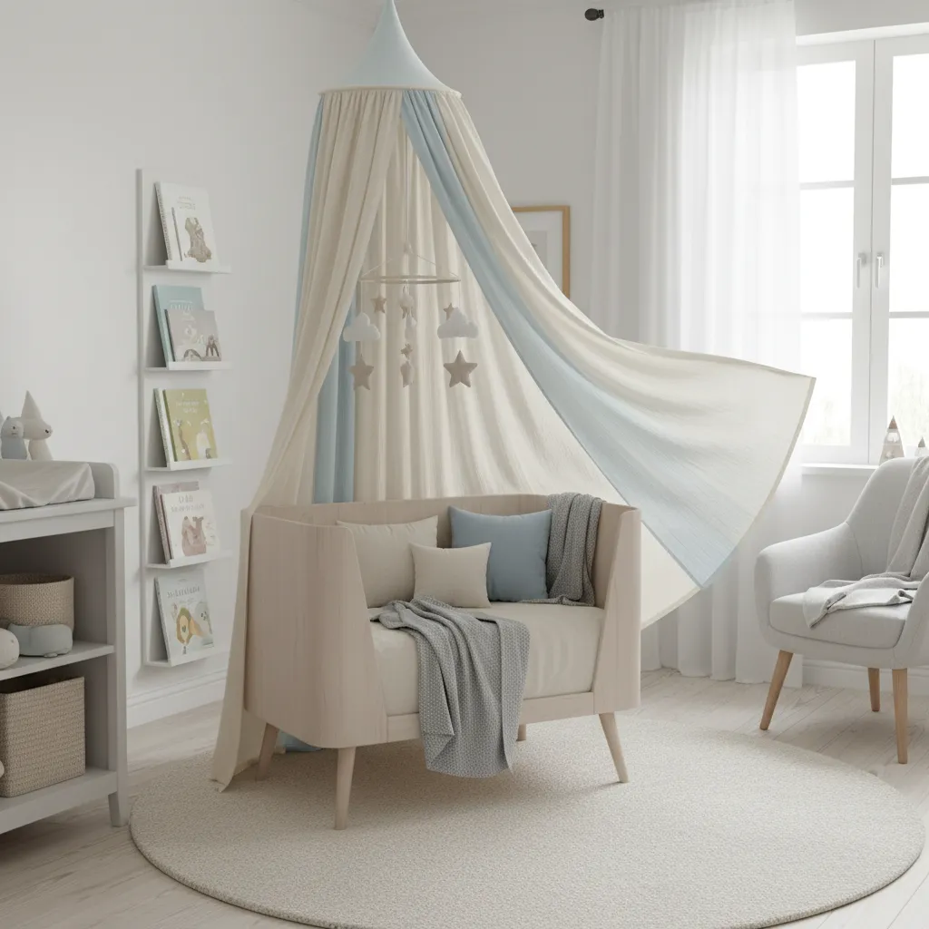 Baby cradle with soft canopy decoration in blue and cream nursery