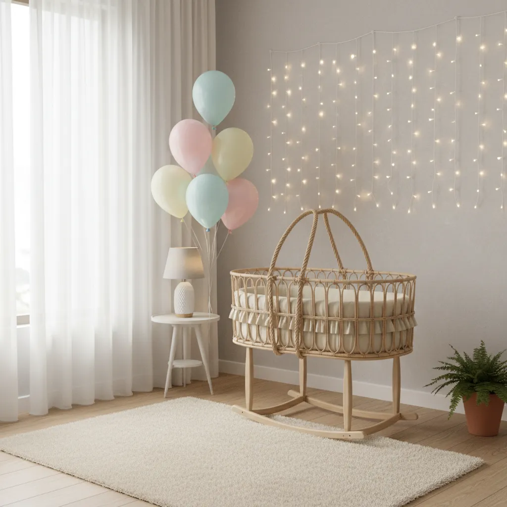 minimal baby cradle decoration with soft balloons and fairy lights